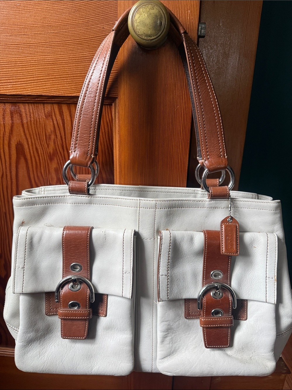 Coach Leather - White Tote Handbag with Brown Accents and buckles
